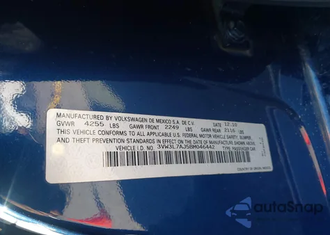 2011 Volkswagen Jetta 2.0L Tdi z USA, uszkodzony, nr VIN 3VW3L7AJ5BM046442